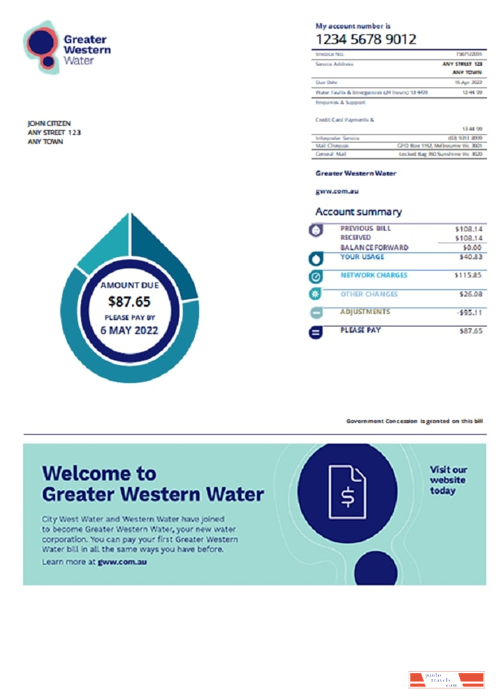 Australia Greater Western Water utility bill